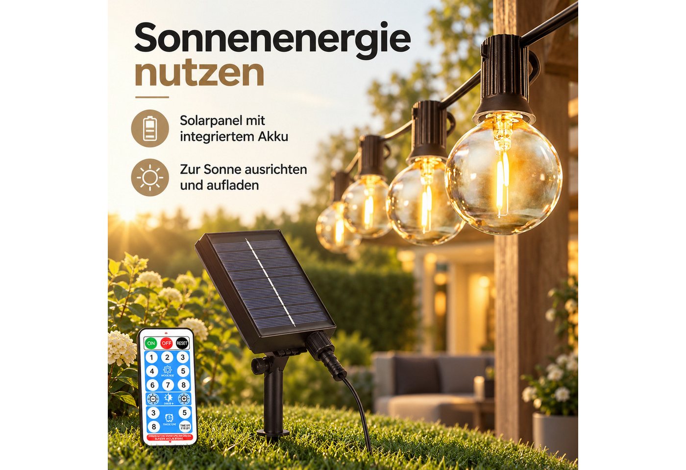 Norvéa Home LED-Lichterkette Solar-LED-Lichterkette außen, dimmbar, Fernbedienung & Timer, IP65, Solarbetrieben, 8 Leuchtmodi, dimmbar, Timer, Fernbedienung Bild 3