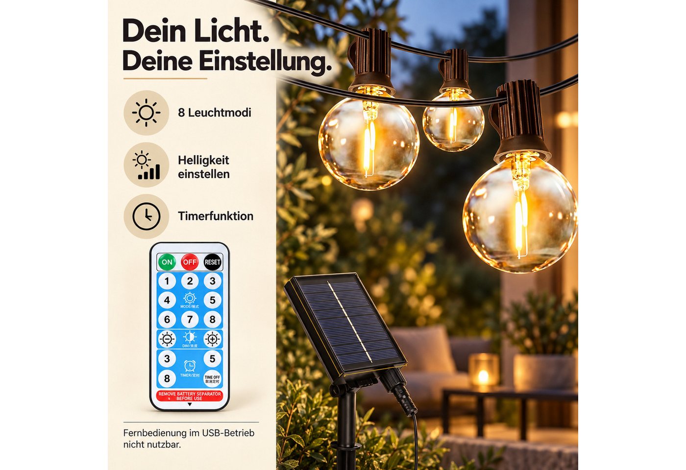 Norvéa Home LED-Lichterkette Solar-LED-Lichterkette außen, dimmbar, Fernbedienung & Timer, IP65, Solarbetrieben, 8 Leuchtmodi, dimmbar, Timer, Fernbedienung Bild 5