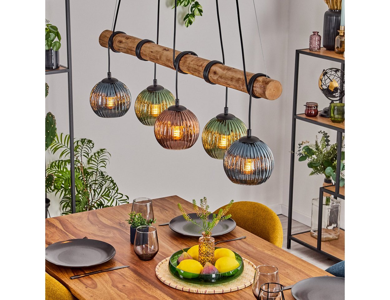 hofstein Pendelleuchte Hängelampe aus Metall/Holz/Riffelglas Schwarz/Natur/Kupfer/Blau/Grün, ohne Leuchtmittel, Hängeleuchte Retro/Vintage mit Holzbalken und Glasschirmen, 5 x E27 Bild 2