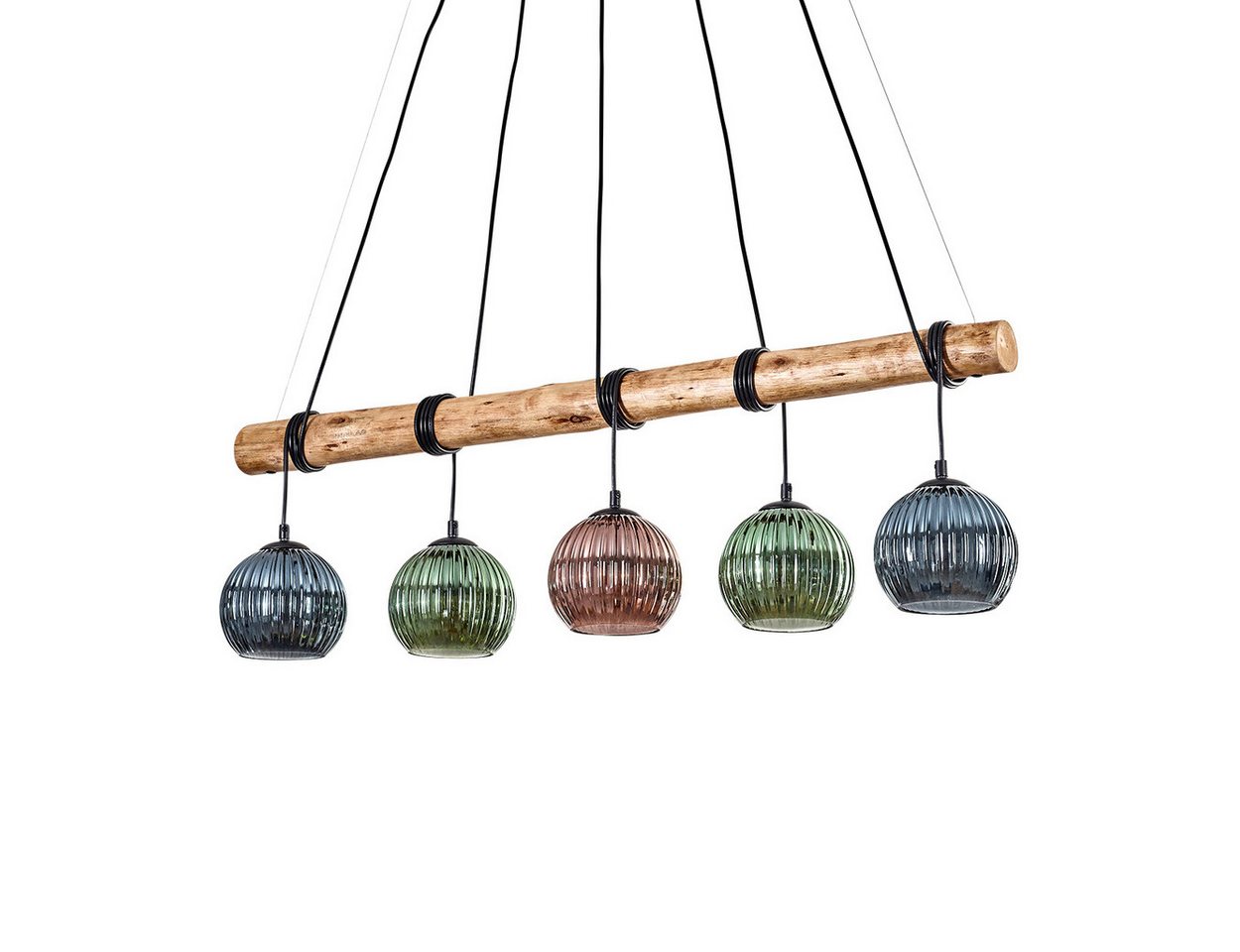 hofstein Pendelleuchte Hängelampe aus Metall/Holz/Riffelglas Schwarz/Natur/Kupfer/Blau/Grün, ohne Leuchtmittel, Hängeleuchte Retro/Vintage mit Holzbalken und Glasschirmen, 5 x E27 Bild 5