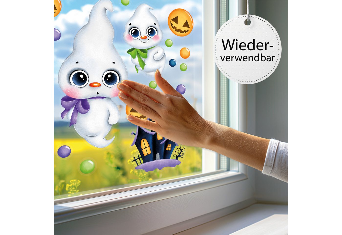 Sunnywall Fensterbild Fensterbild wiederverwendbare Fensterbilder Halloween Gespenster, wiederverwendbar, statisch haftend, beidseitiger Druck