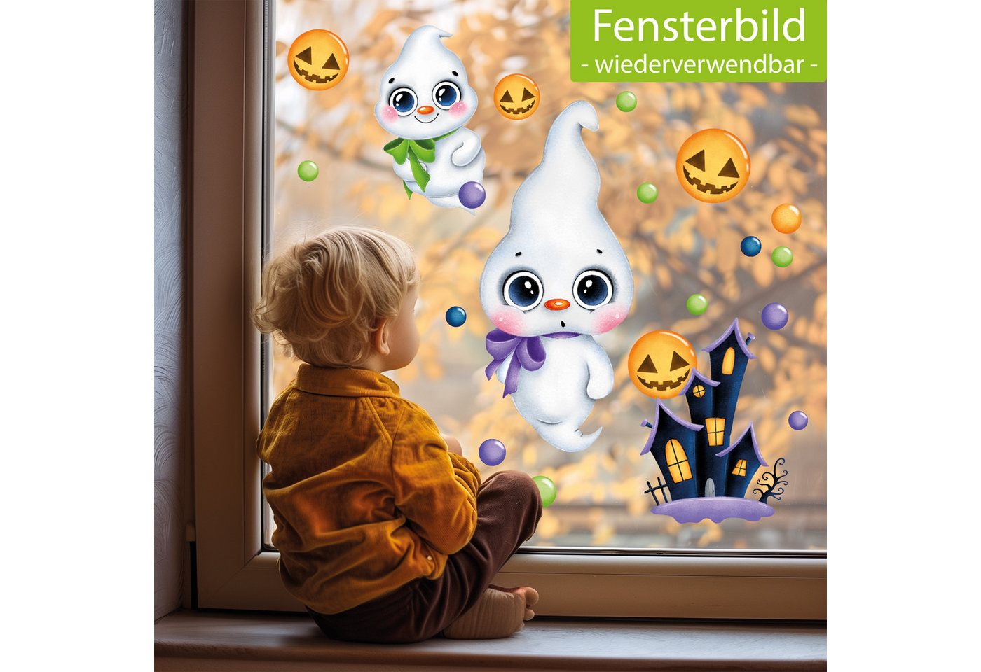 Sunnywall Fensterbild Fensterbild wiederverwendbare Fensterbilder Halloween Gespenster, wiederverwendbar, statisch haftend, beidseitiger Druck Bild 2
