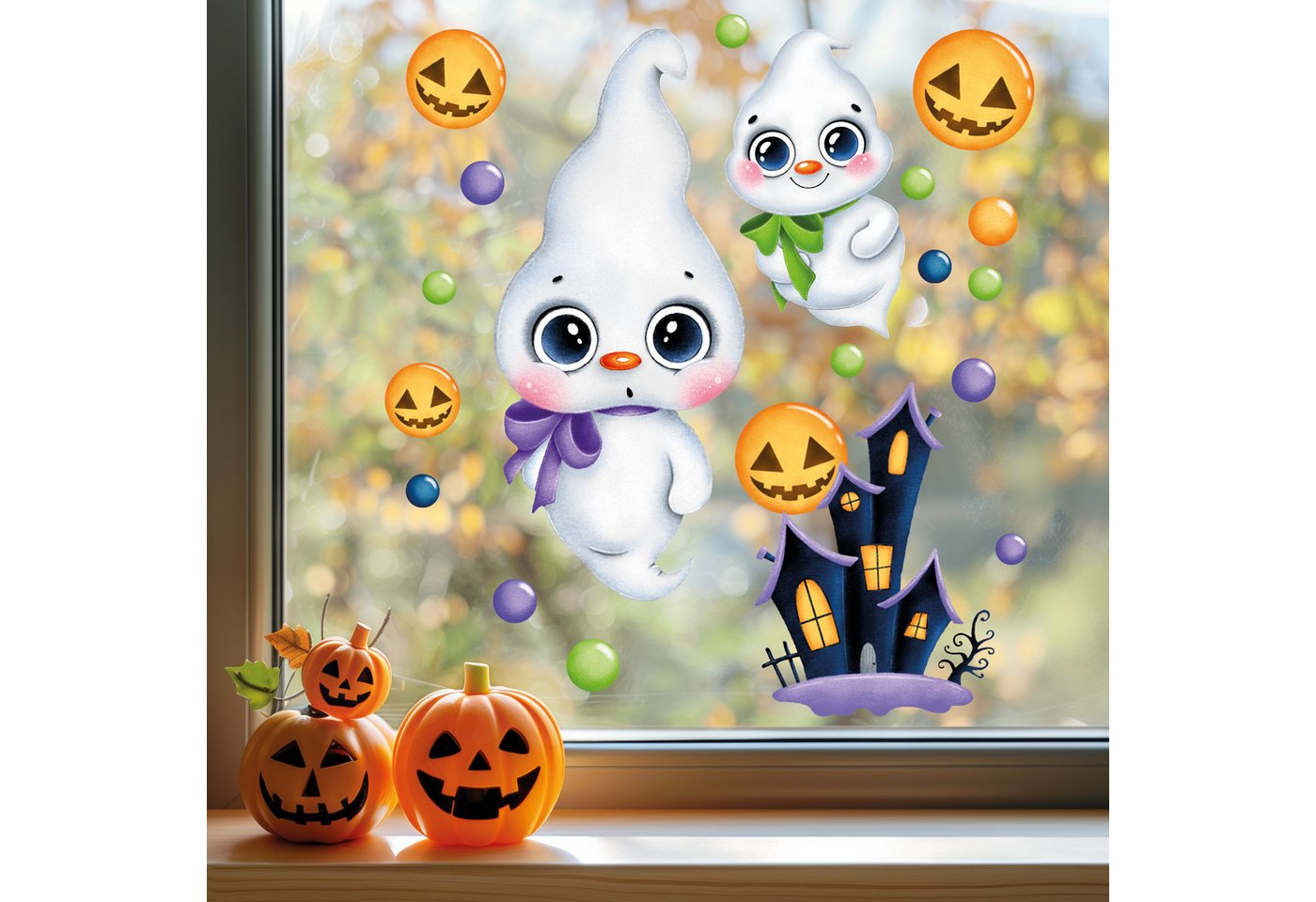 Sunnywall Fensterbild Fensterbild wiederverwendbare Fensterbilder Halloween Gespenster, wiederverwendbar, statisch haftend, beidseitiger Druck Bild 4
