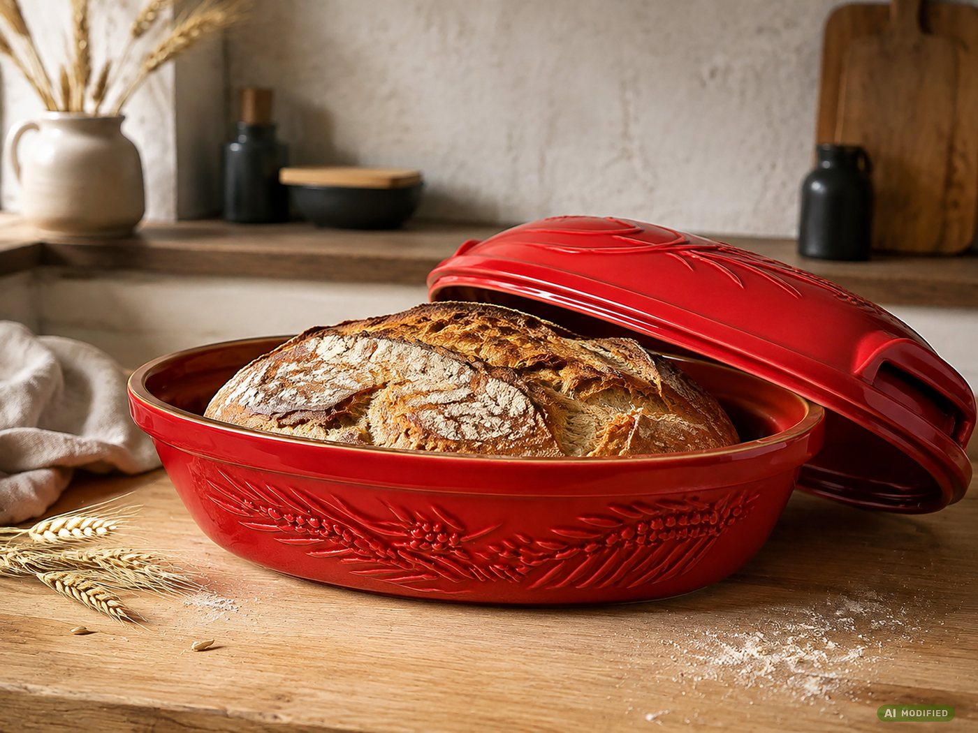 KERAZO Brotbackform 4,5L Keramik Bräter mit Deckel Brottopf Auflaufform 38x24x15 cm, rot, Mit dekorativem Getreidemuster auf Deckel und Unterteil