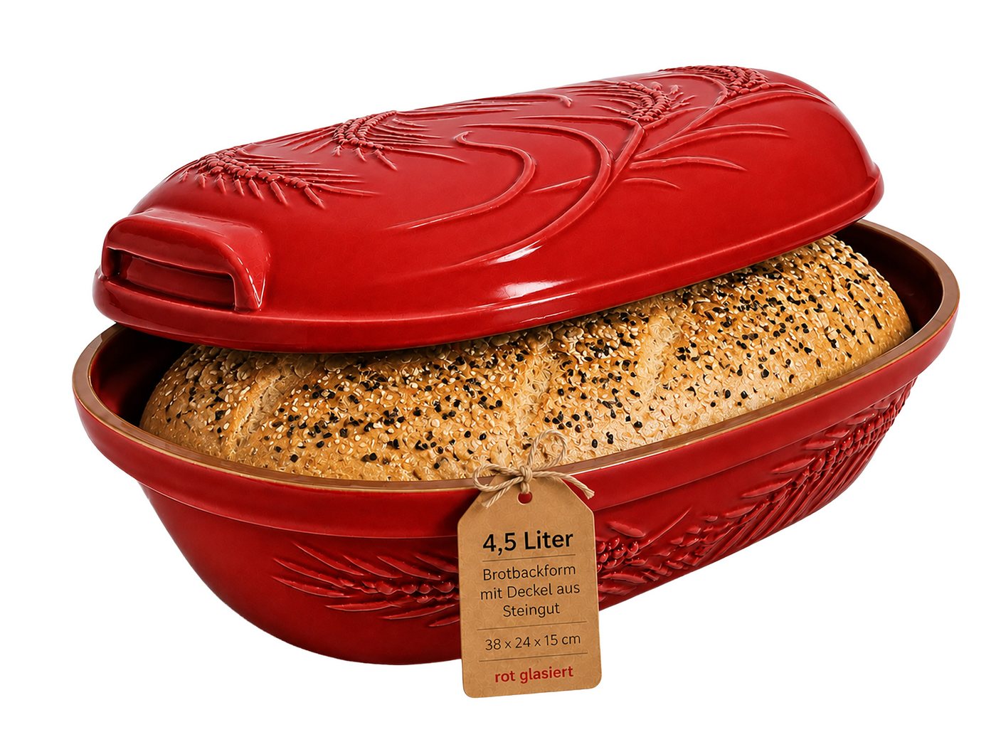KERAZO Brotbackform 4,5L Keramik Bräter mit Deckel Brottopf Auflaufform 38x24x15 cm, rot, Mit dekorativem Getreidemuster auf Deckel und Unterteil Bild 2