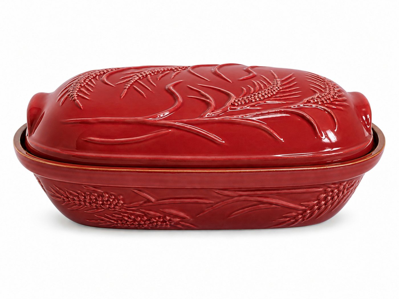 KERAZO Brotbackform 4,5L Keramik Bräter mit Deckel Brottopf Auflaufform 38x24x15 cm, rot, Mit dekorativem Getreidemuster auf Deckel und Unterteil Bild 3