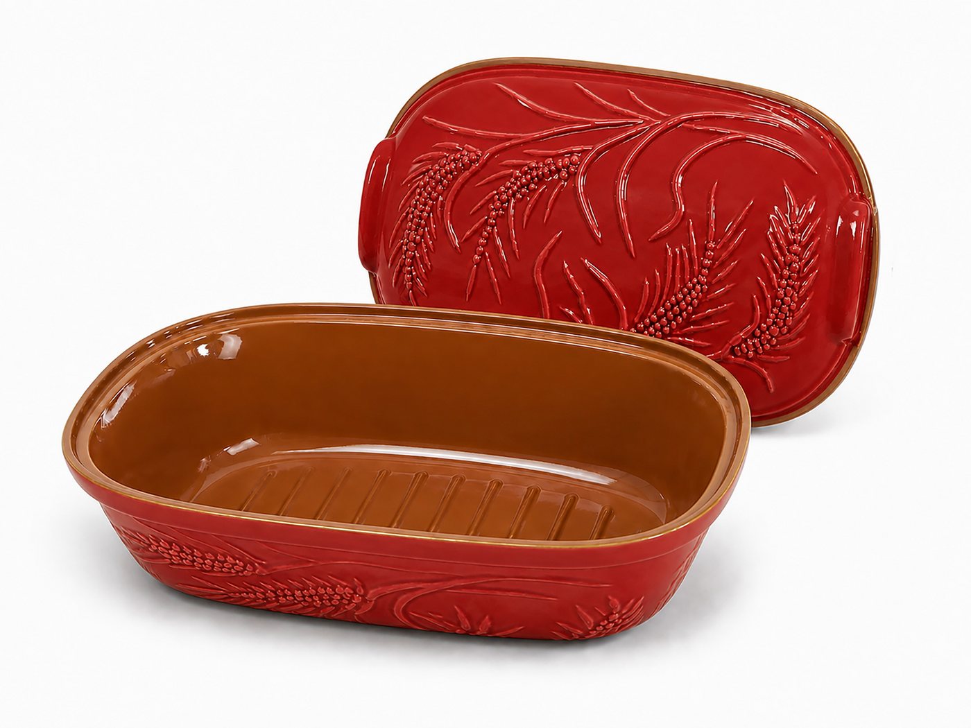 KERAZO Brotbackform 4,5L Keramik Bräter mit Deckel Brottopf Auflaufform 38x24x15 cm, rot, Mit dekorativem Getreidemuster auf Deckel und Unterteil Bild 5