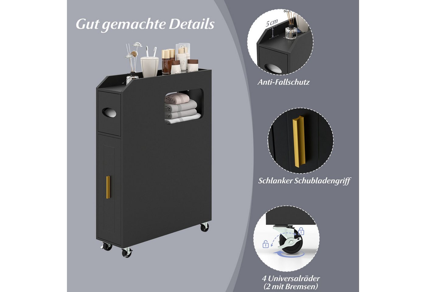 COSTWAY Badkommode Nischenschrank schmal auf Rollen, mit Schublade Bild 2