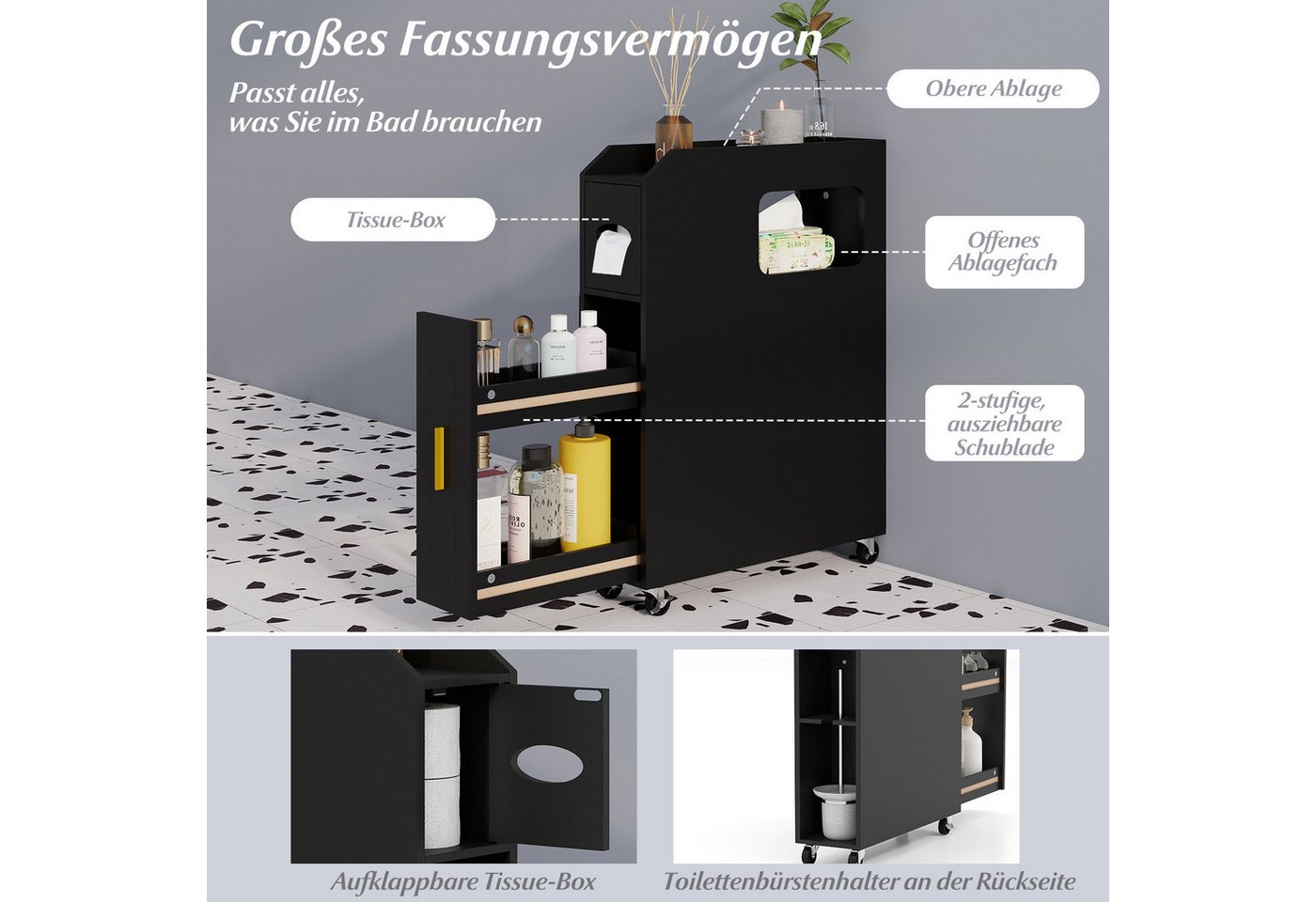 COSTWAY Badkommode Nischenschrank schmal auf Rollen, mit Schublade Bild 4