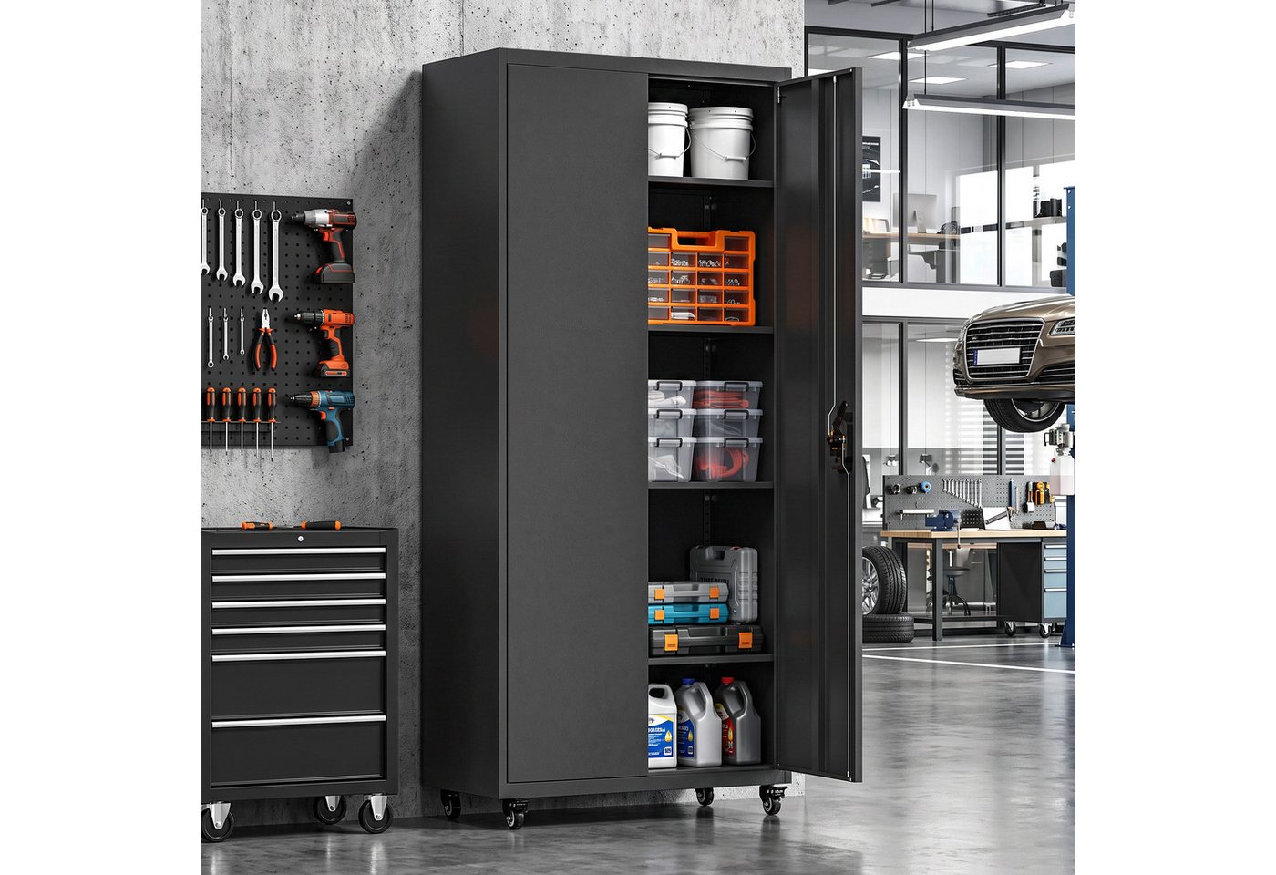 HOMCOM Werkstattwagen Abschließbarer Metallschrank mit Rollen, leer, max. Traglast:250 kg, 0-tlg. Werkzeugset, (Set, 1-tlg., Metallschrank mit Rollen), Abschließbar, 4 verstellbare Böden, Rollen