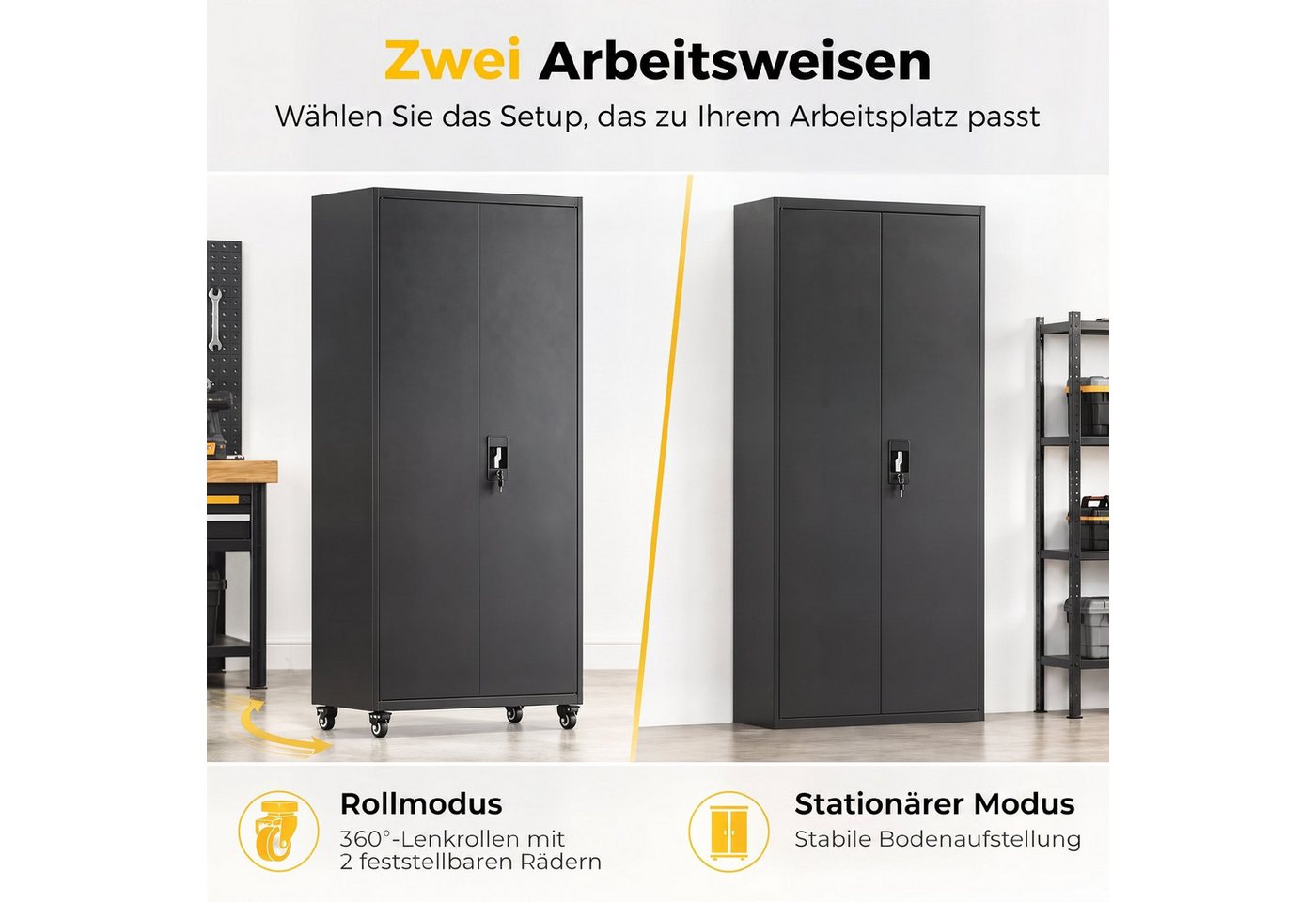 HOMCOM Werkstattwagen Abschließbarer Metallschrank mit Rollen, leer, max. Traglast:250 kg, 0-tlg. Werkzeugset, (Set, 1-tlg., Metallschrank mit Rollen), Abschließbar, 4 verstellbare Böden, Rollen Bild 3