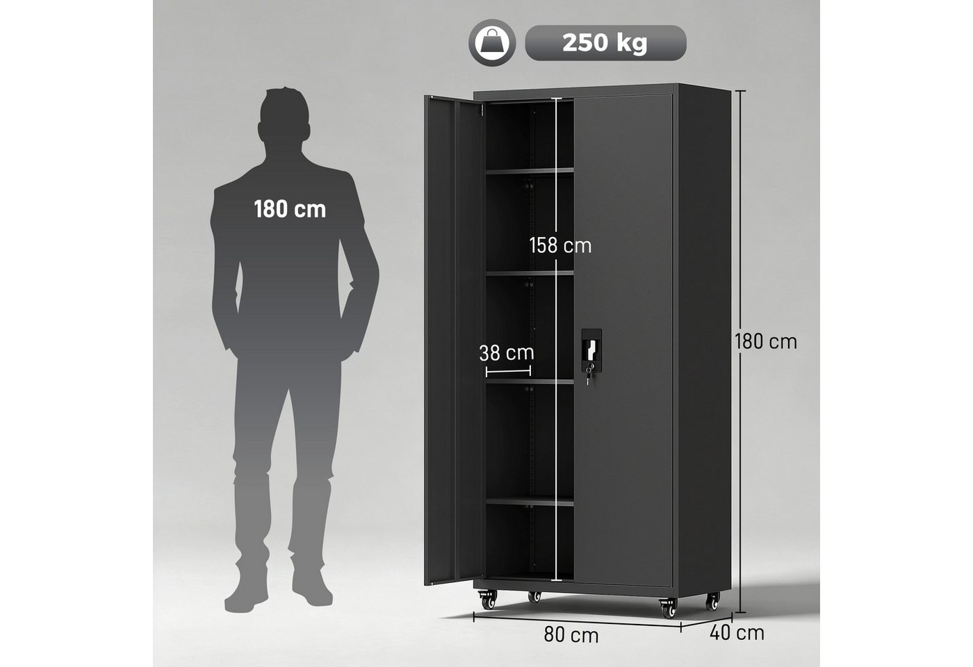 HOMCOM Werkstattwagen Abschließbarer Metallschrank mit Rollen, leer, max. Traglast:250 kg, 0-tlg. Werkzeugset, (Set, 1-tlg., Metallschrank mit Rollen), Abschließbar, 4 verstellbare Böden, Rollen Bild 4