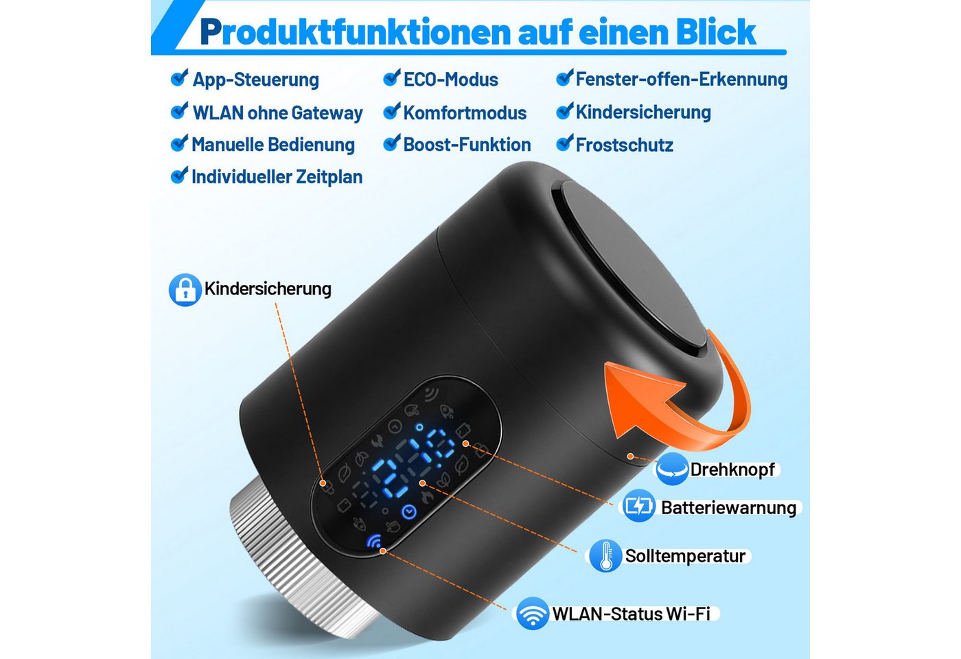 Clanmacy Heizkörperthermostat Smartes Thermostat WiFi, App-Steuerung, Smart Life/Tuya, Schwarz, 4er, (28 St) Bild 5