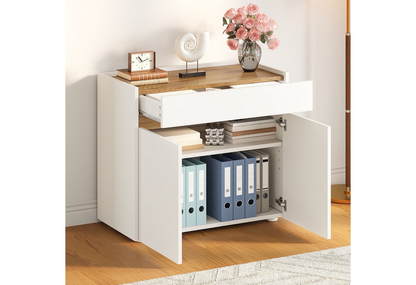 Flieks Aktenschrank mit Arbeitsplatte in Holzoptik Natur, 1 großer Schublade, 2 Türen (80x40x70 cm, 1-St) Mehrzweckschrank Bücherregal mit verstellbare Einlegeböden Weiß