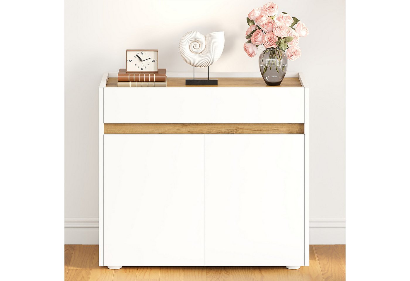 Flieks Aktenschrank mit Arbeitsplatte in Holzoptik Natur, 1 großer Schublade, 2 Türen (80x40x70 cm, 1-St) Mehrzweckschrank Bücherregal mit verstellbare Einlegeböden Weiß Bild 2