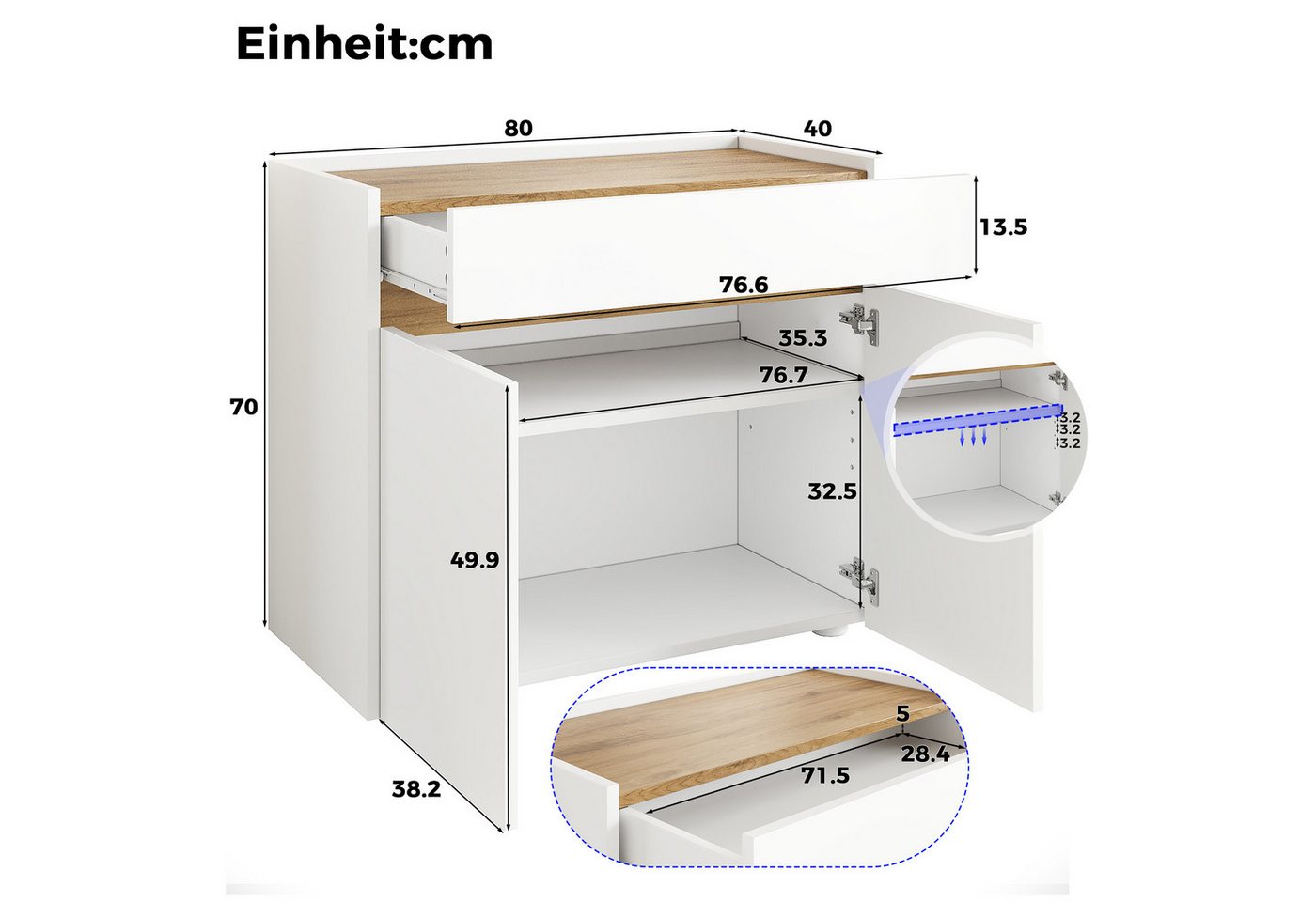 Flieks Aktenschrank mit Arbeitsplatte in Holzoptik Natur, 1 großer Schublade, 2 Türen (80x40x70 cm, 1-St) Mehrzweckschrank Bücherregal mit verstellbare Einlegeböden Weiß Bild 5