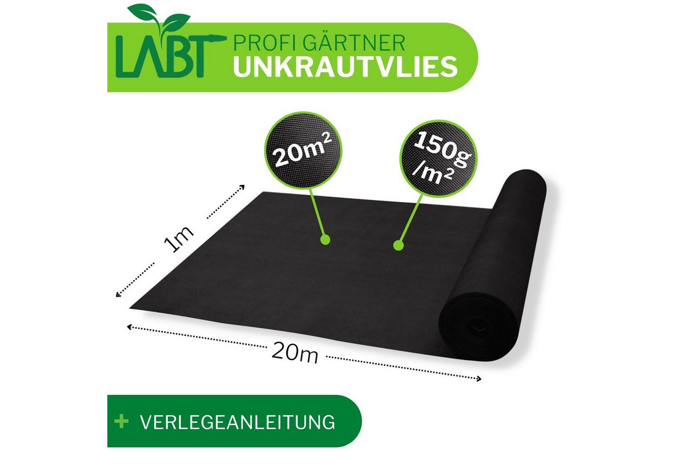 LABT Unkrautvlies Unkrautvlies LABT® Gartenvlies 1m x 20m mit Erdankern 150g/m² stark