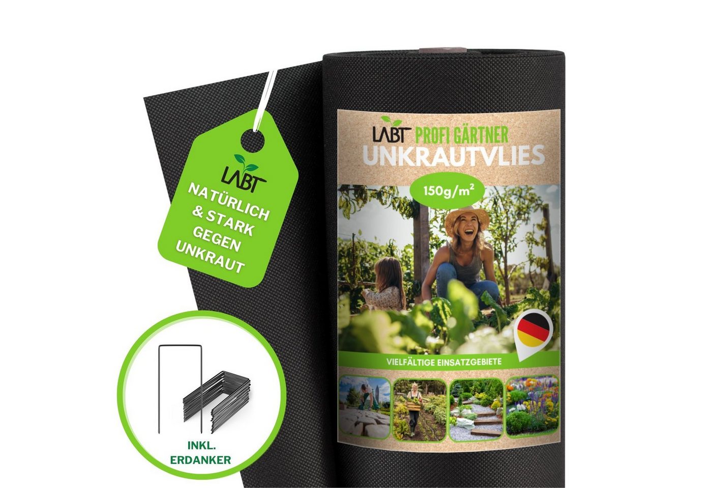 LABT Unkrautvlies Unkrautvlies LABT® Gartenvlies 1m x 20m mit Erdankern 150g/m² stark Bild 4