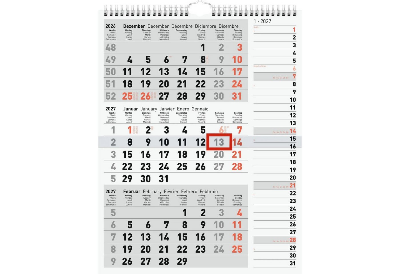 Baier & Schneider Monatskalender rido/idé 7033330007 3-Monatskalender 2027 grau, 300×390 mm
