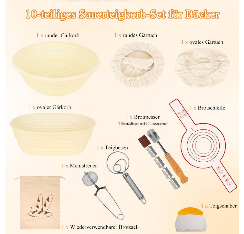 AFKSMILE Gärkorb 10pcs Brotgärkorb -Set- aus Silikon, Komplettset Brot Backen Zubehör, (10-tlg)