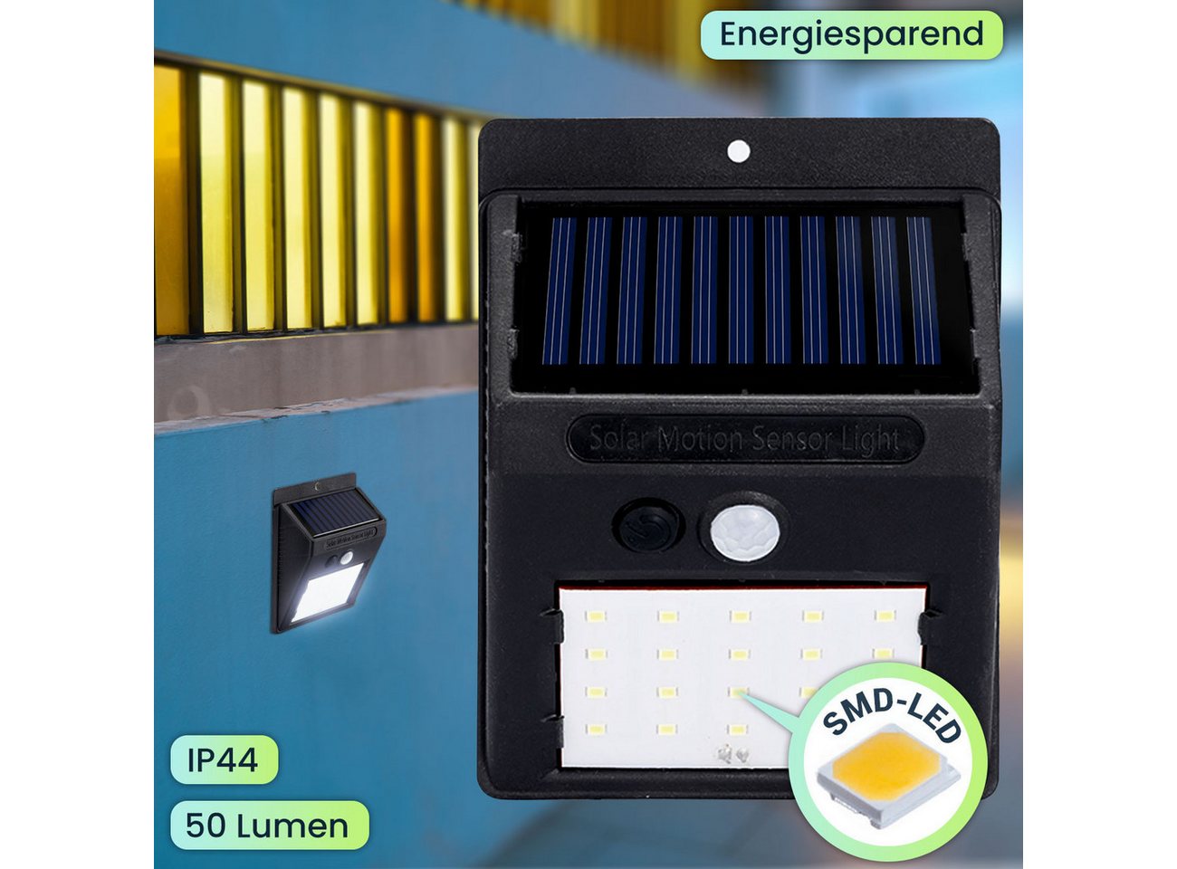 Casativo LED Wandleuchte Solar Leuchte: Bewegungsmelder, 20 SMDs, IP44, hell & sparsam, Lichtstrom: 480 lm