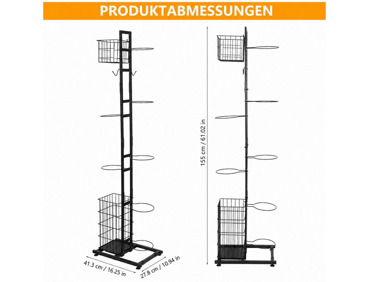 BlingBin Mehrzweckregal Ballständer 155 cm, Sportgerätehalter für 7 Bälle und Schläger, Ballaufbewahrung 1-tlg., Sportgeräte organizer, Basketball Aufbewahrungsregal, Abnehmbare Bild 2