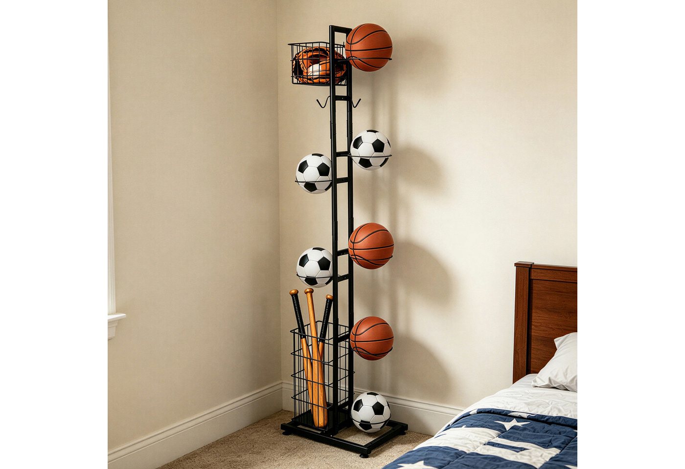 BlingBin Mehrzweckregal Ballständer 155 cm, Sportgerätehalter für 7 Bälle und Schläger, Ballaufbewahrung 1-tlg., Sportgeräte organizer, Basketball Aufbewahrungsregal, Abnehmbare Bild 3
