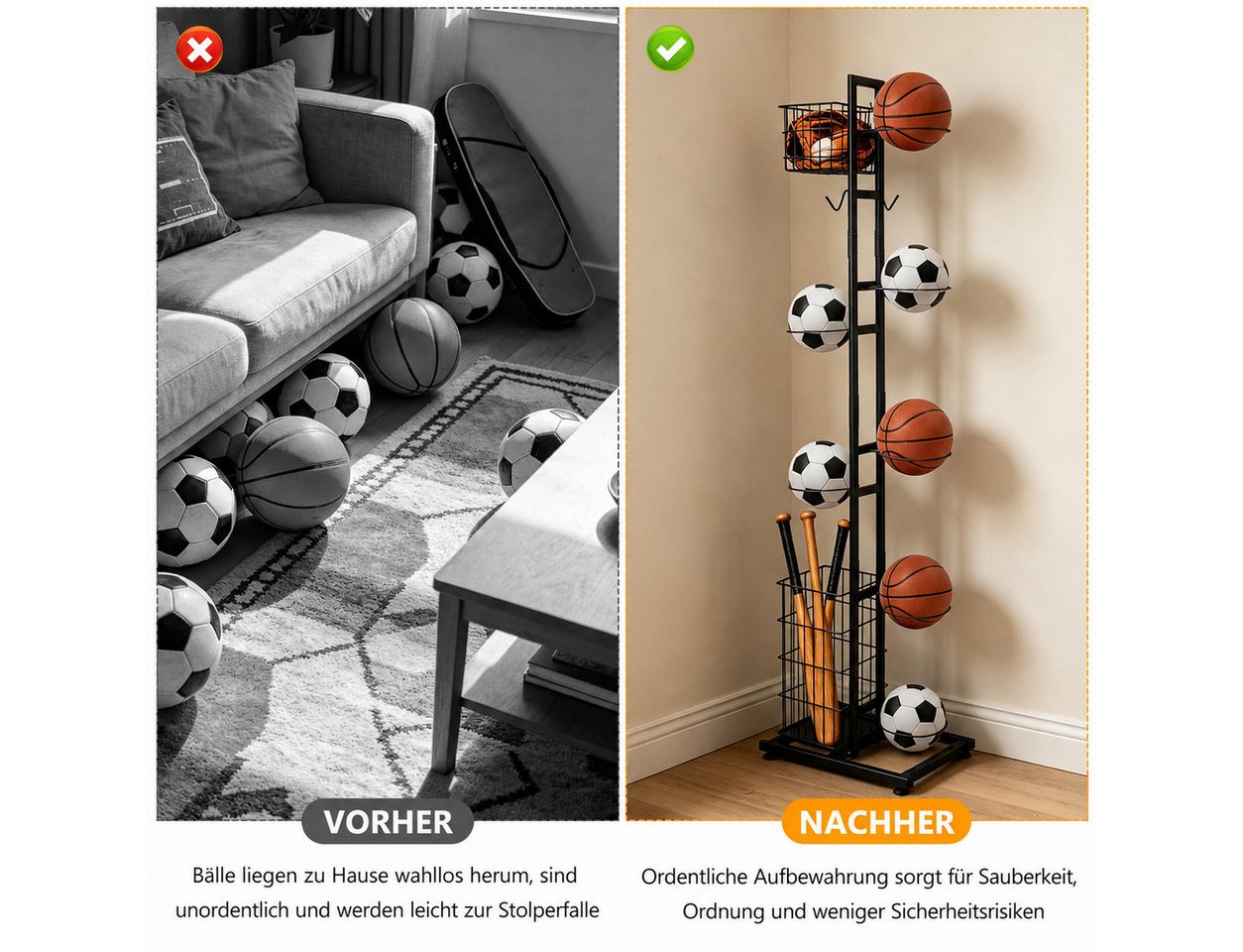 BlingBin Mehrzweckregal Ballständer 155 cm, Sportgerätehalter für 7 Bälle und Schläger, Ballaufbewahrung 1-tlg., Sportgeräte organizer, Basketball Aufbewahrungsregal, Abnehmbare Bild 4