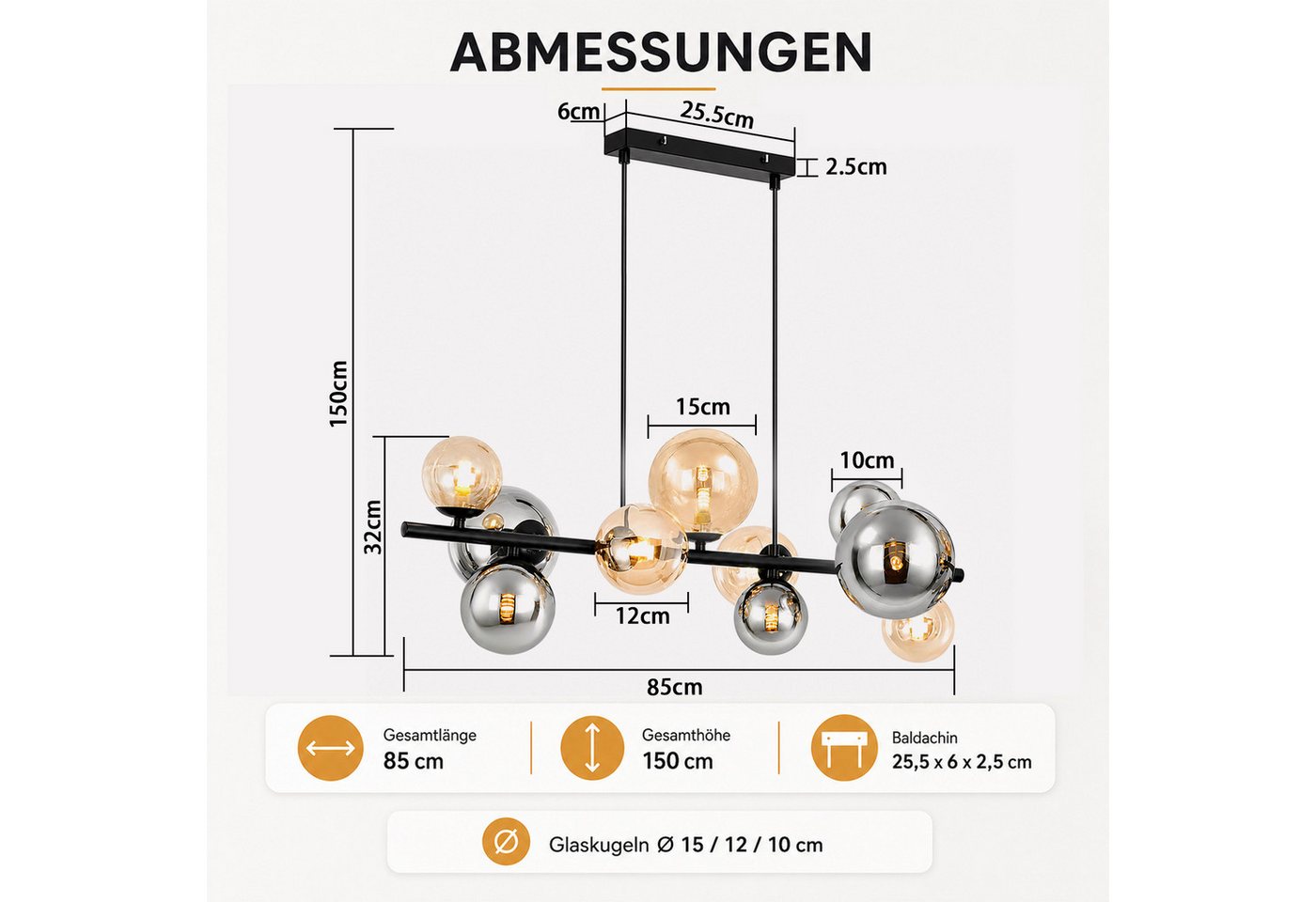 Nettlife Pendelleuchte Esstisch 10flammig Glas Schwarz Modern Hängelampe G9, ohne Leuchtmittel, für Esszimmer Wohnzimmer Schlafzimmer Kronleuchter