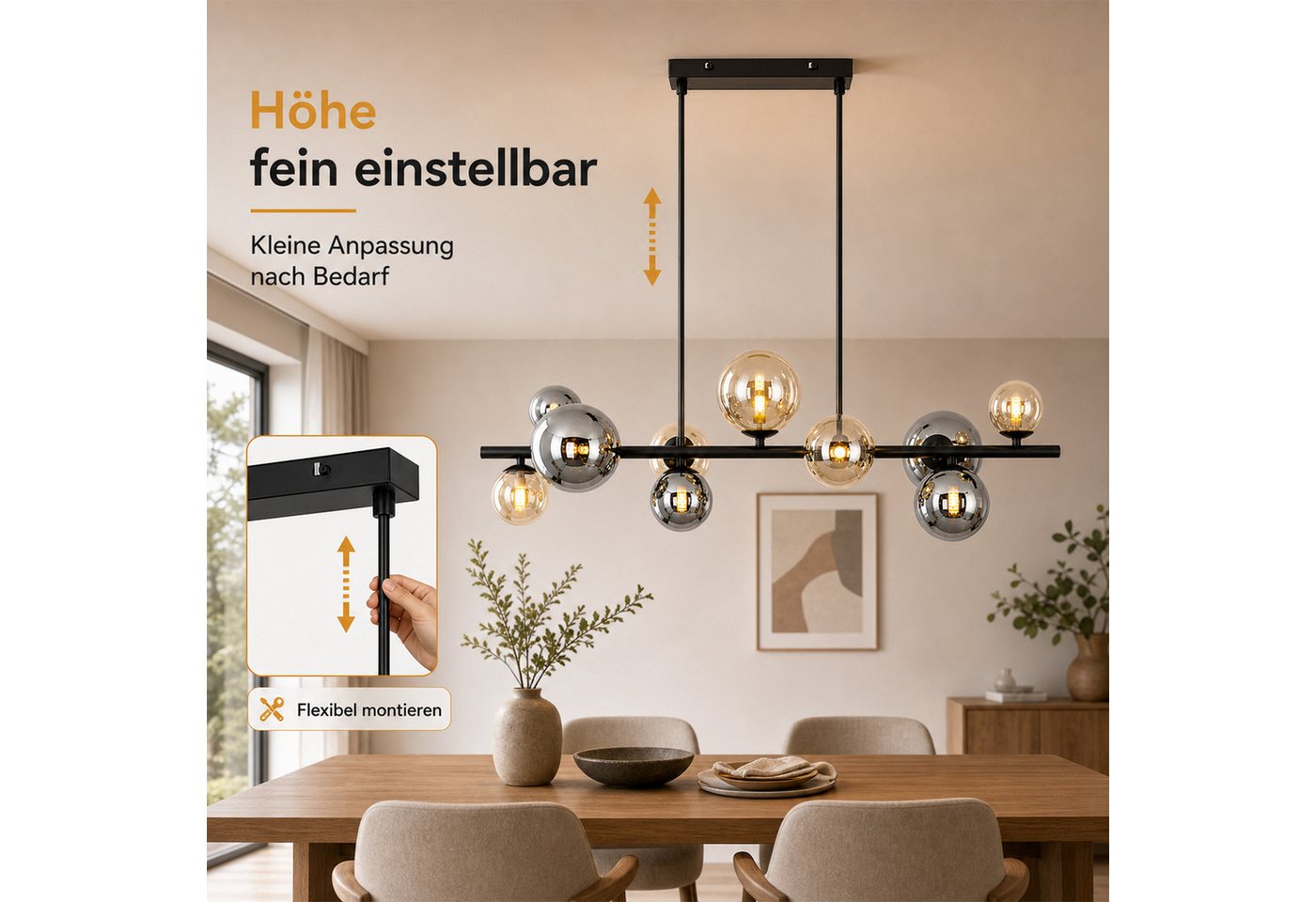 Nettlife Pendelleuchte Esstisch 10flammig Glas Schwarz Modern Hängelampe G9, ohne Leuchtmittel, für Esszimmer Wohnzimmer Schlafzimmer Kronleuchter Bild 4