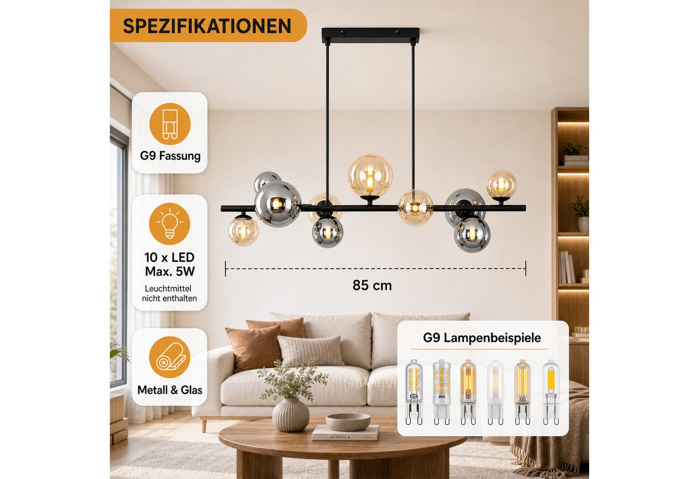 Nettlife Pendelleuchte Esstisch 10flammig Glas Schwarz Modern Hängelampe G9, ohne Leuchtmittel, für Esszimmer Wohnzimmer Schlafzimmer Kronleuchter Bild 5