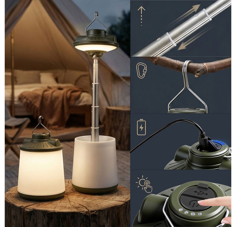 Tekoo LED Gartenleuchte LED Campinglampe ausziehbar Akku Laterne USB-C RGB Outdoor Leuchte, LED fest integriert, Kaltweiß, Warmweiß, RGB, 360° drehbarer Leuchtkopf, Teleskopstange, Powerbank-Funktion