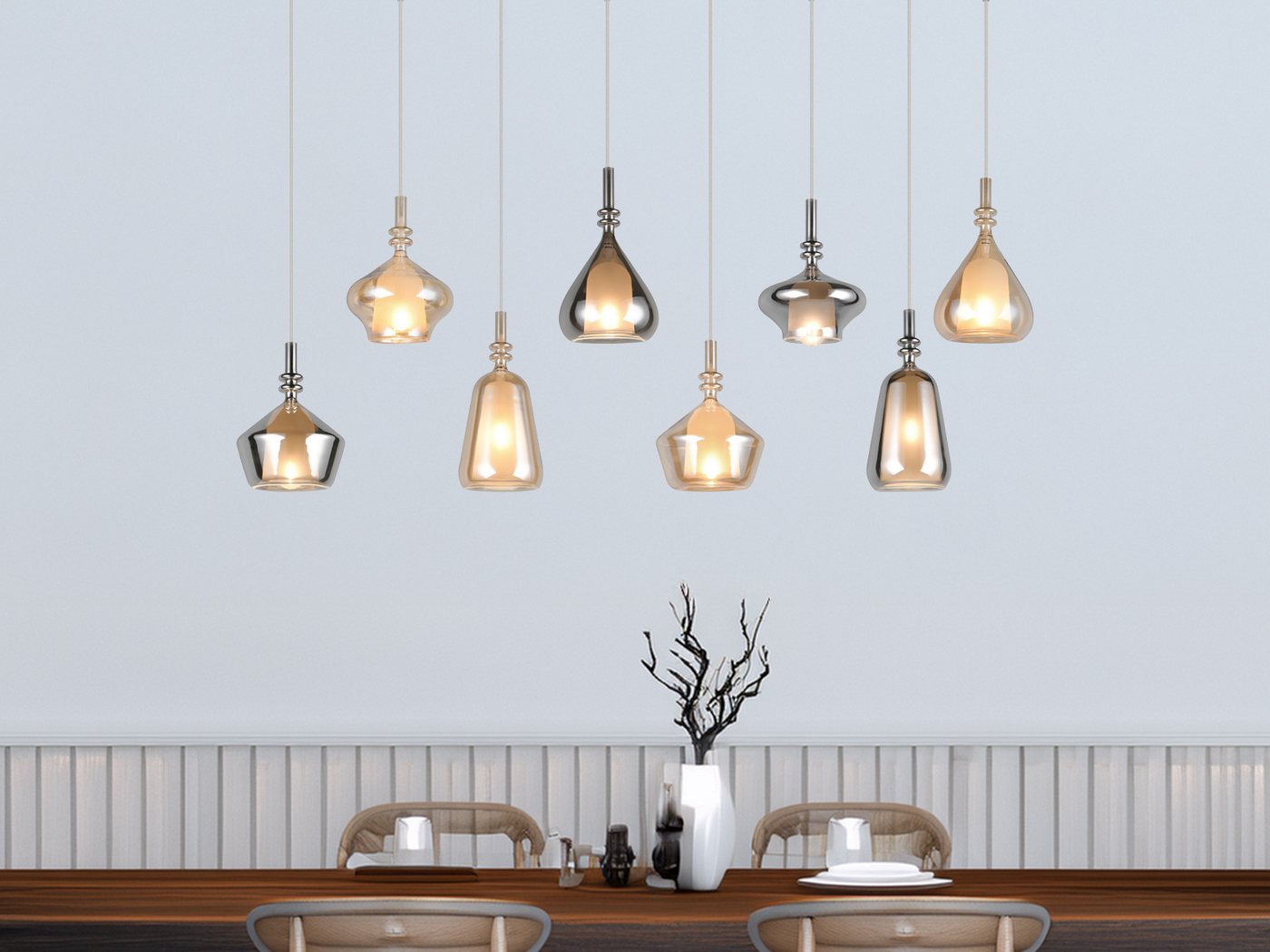 TRIO Leuchten LED Pendelleuchte mehrflammig Lampenschirme Glas B: 125cm, dimmbar, LED wechselbar, warmweiß, groß-e Designer Hängelampe hängend Esstisch & Kochinsel, inkl. E14 LED Bild 5