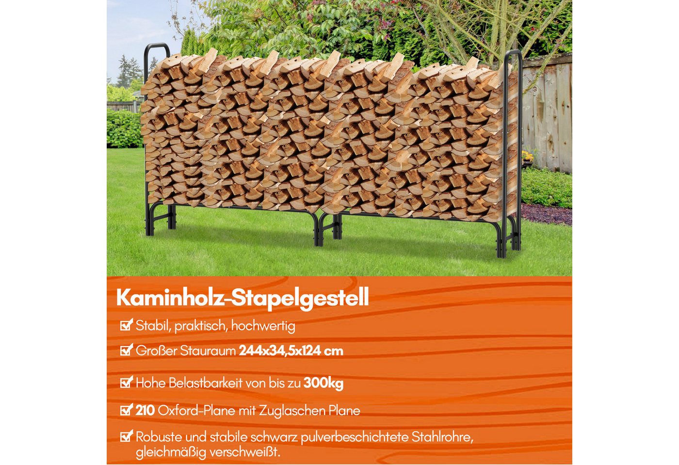 Clanmacy Kaminholzregal Kaminholzregal Brennholzregal Mit Schutzplane 224 x 34.5 x 124 cm, BxTxH:224x34.5x124 cm Bild 3