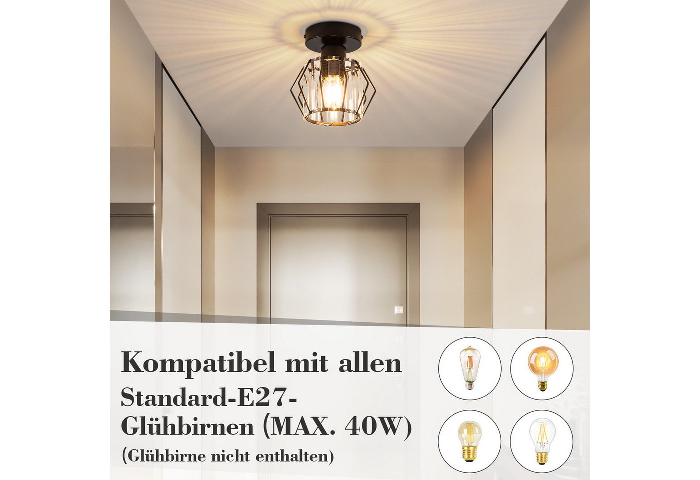 ZMH Deckenleuchte 15CM Wohnzimmer Schwarz Kristall Modern Deckenlampe E27 Vintage Flur, ohne Leuchtmittel, Küchenlampe mit Metall Rahmen Innen Hotel