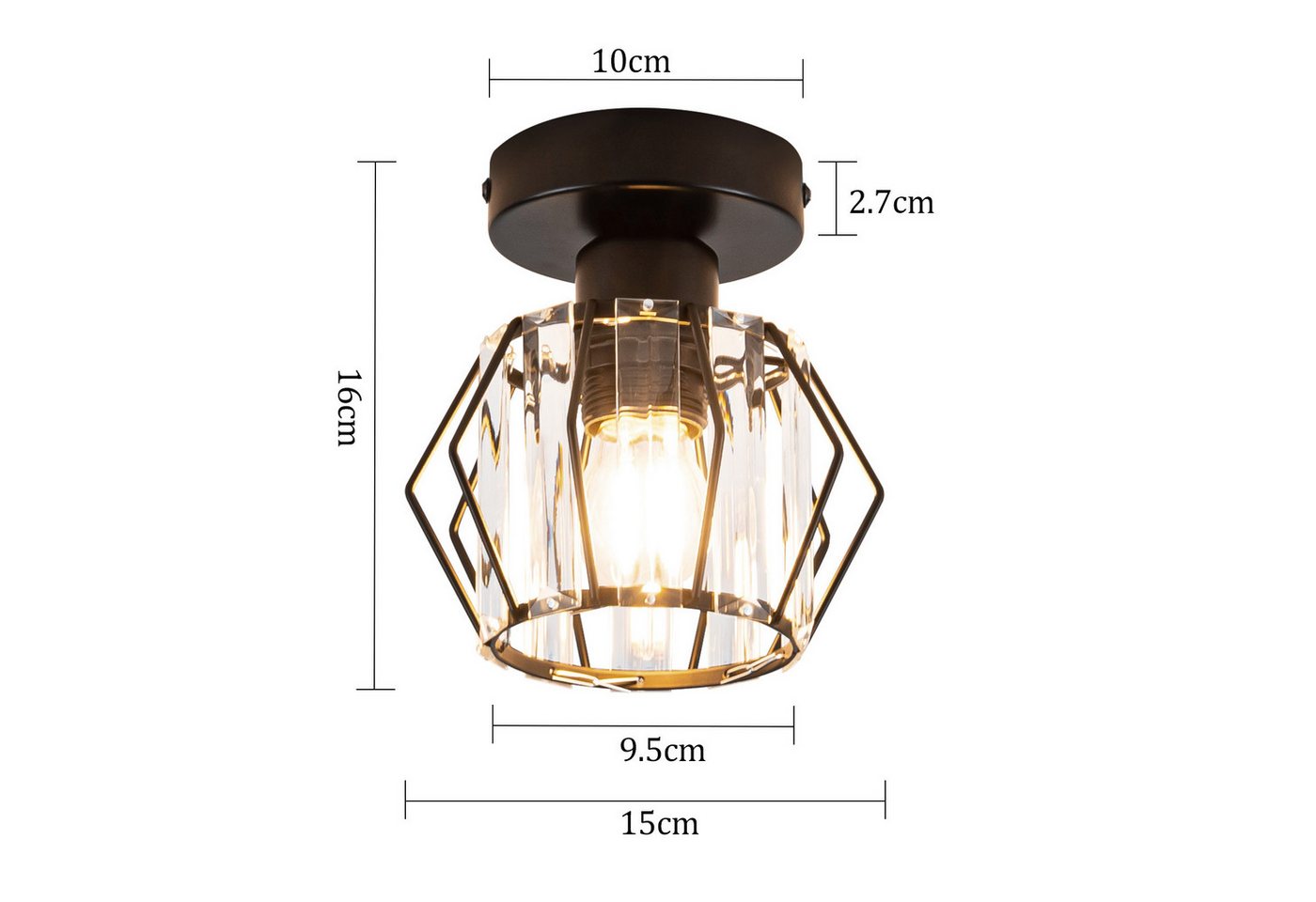 ZMH Deckenleuchte 15CM Wohnzimmer Schwarz Kristall Modern Deckenlampe E27 Vintage Flur, ohne Leuchtmittel, Küchenlampe mit Metall Rahmen Innen Hotel Bild 2