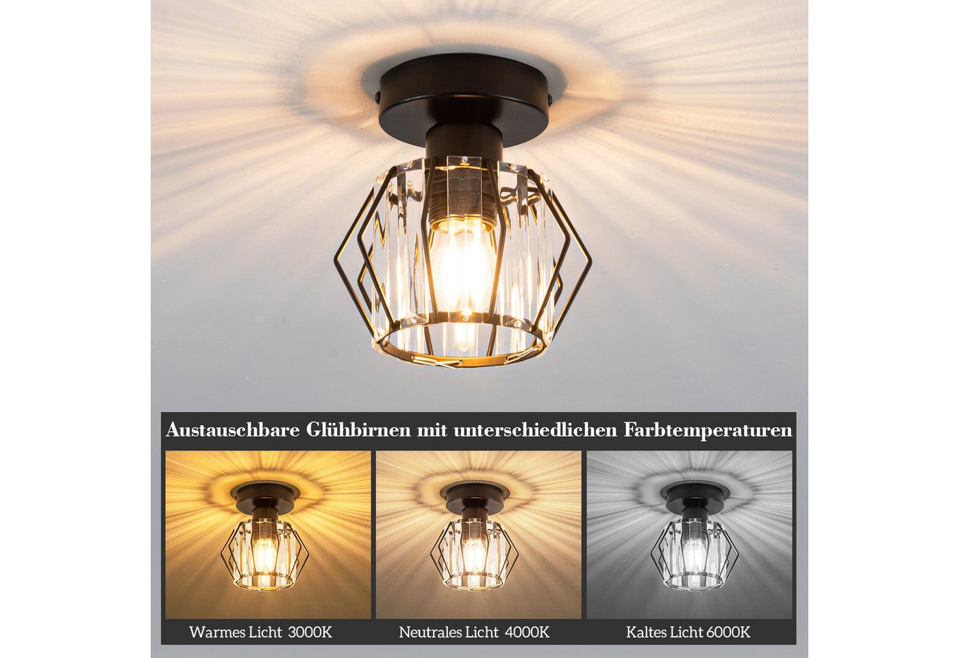 ZMH Deckenleuchte 15CM Wohnzimmer Schwarz Kristall Modern Deckenlampe E27 Vintage Flur, ohne Leuchtmittel, Küchenlampe mit Metall Rahmen Innen Hotel Bild 5