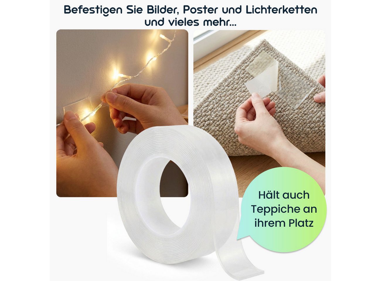 shop'n smile ideoon Klebeband Nano-Klebeband Doppelseitig Transparent (5m), 110g/cm² Haltekraft (1-St., 1er-/2er-Set) Doppelseitig, wiederverwendbar, transparent & rückstandslos ablösbar Bild 2