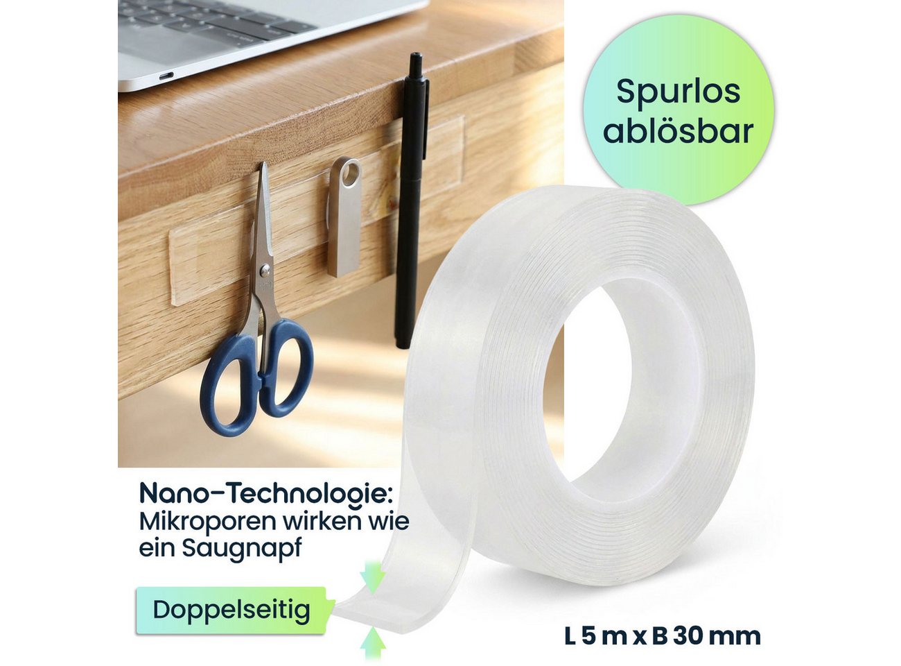 shop'n smile ideoon Klebeband Nano-Klebeband Doppelseitig Transparent (5m), 110g/cm² Haltekraft (1-St., 1er-/2er-Set) Doppelseitig, wiederverwendbar, transparent & rückstandslos ablösbar Bild 3