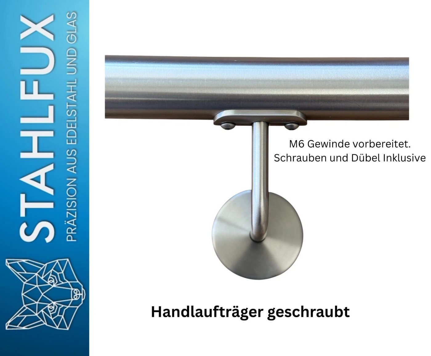 StahlFux Treppengeländer Edelstahlhandlauf Wandgeländer Handlauf, 30 cm Länge, 4,24 cm Höhe, mit 1 Pfosten, Wandmontage, 1-tlg., Länge von 30 bis 450 cm, Wandhalter mit massiver Trägerplatte für zuverlässige Montage