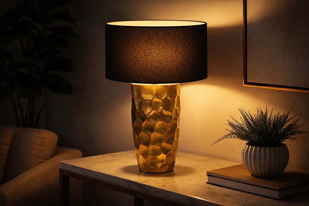riess-ambiente Tischleuchte AURELIA 55cm gold/schwarz - Hammerschlag-Design, Stoffschirm, Metall, Ein-/Ausschalter, ohne Leuchtmittel, handgefertigt & leicht zu kombieren – ideal für Wohn- & Schlafzimmer Bild 3