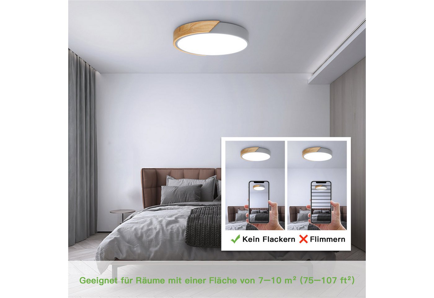 Kimjo Deckenleuchte runde LED-Deckenlampe, Ø30cm ultradünn für alle Wohnräume, LED fest integriert, kaltweiß, LED-Panel mit Holzoptik & grauem Rahmen, 24 W, 6000 K