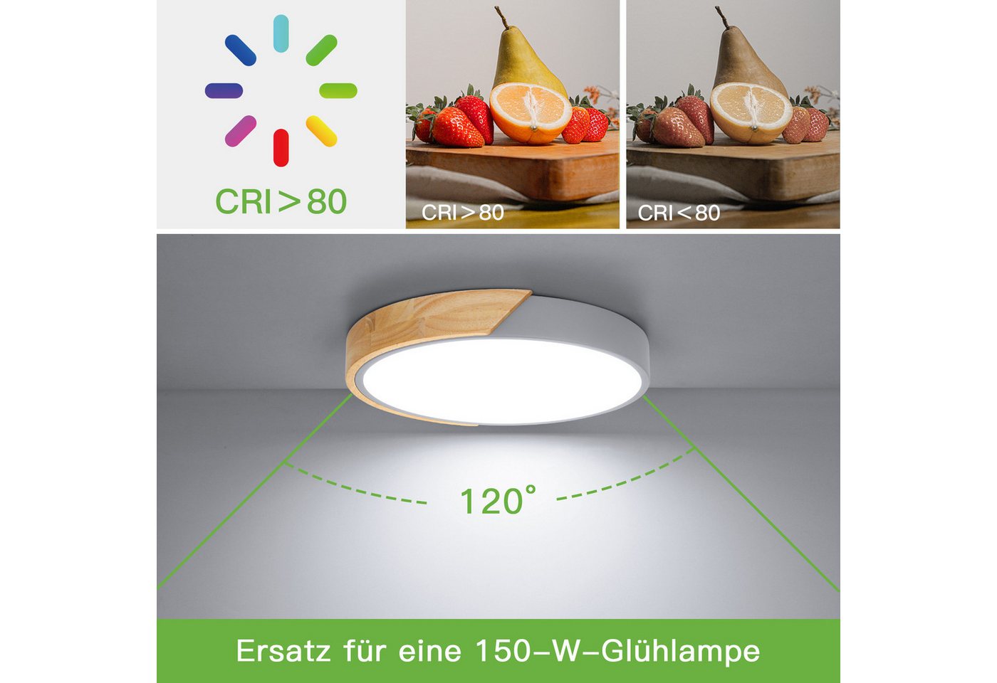Kimjo Deckenleuchte runde LED-Deckenlampe, Ø30cm ultradünn für alle Wohnräume, LED fest integriert, kaltweiß, LED-Panel mit Holzoptik & grauem Rahmen, 24 W, 6000 K Bild 2