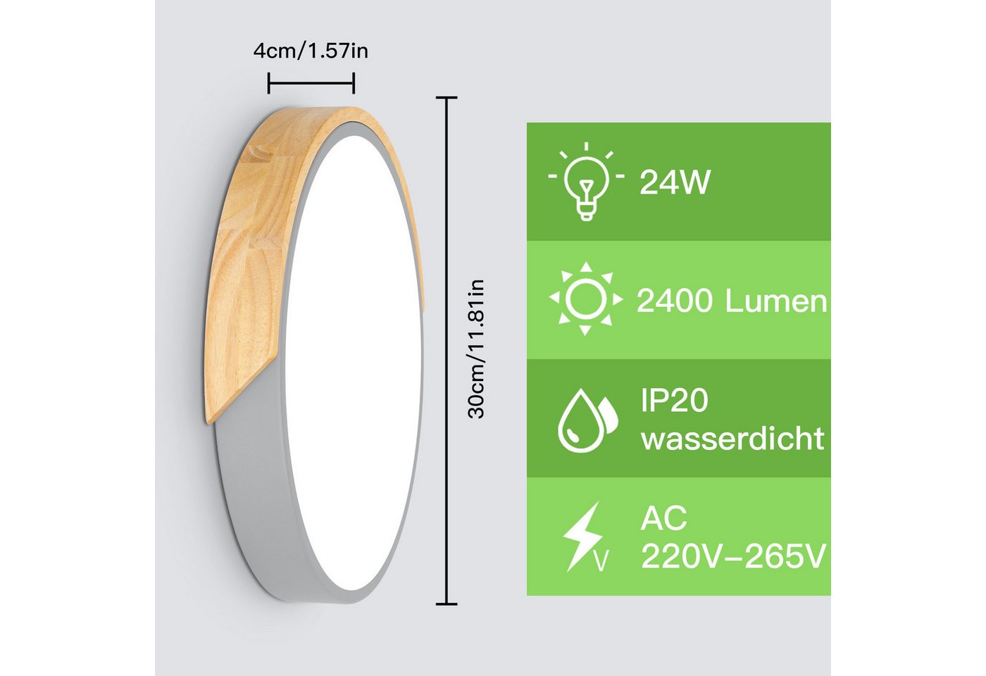 Kimjo Deckenleuchte runde LED-Deckenlampe, Ø30cm ultradünn für alle Wohnräume, LED fest integriert, kaltweiß, LED-Panel mit Holzoptik & grauem Rahmen, 24 W, 6000 K Bild 3