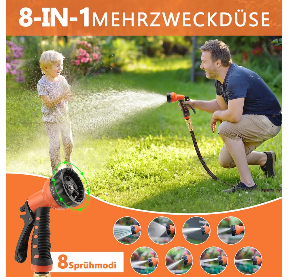 GLIESE POWER Gartenschlauch flexibel 22,5 m – 8-in-1 Düse, platzsparend & langlebig, platzsparend automatisch aufrollbar, automatische Entleerung, 3750D reißfest, 8 Sprühfunktionen, Tasche & Haken Bild 2
