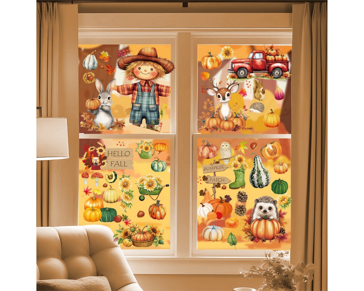 Sorvyzxn Fensterbild Fensteraufkleber Herbstdeko mit Kürbis & Ahornblatt, selbstklebende Fenstersticker für Thanksgiving & Herbstdekoration Bild 5
