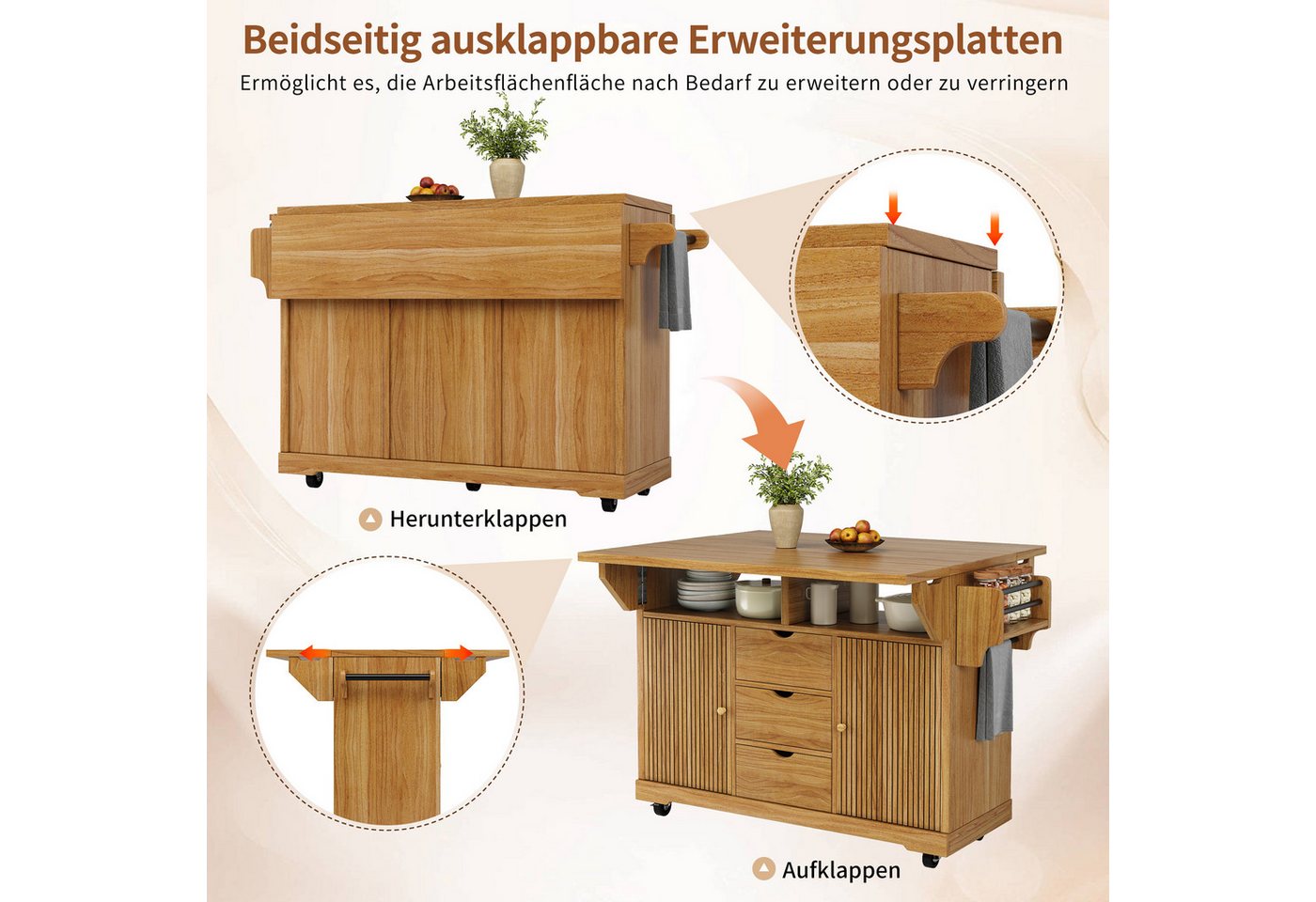 i@home Kücheninsel Küchenwagen freistehend mit Rollen und Arbeitsplatte, ausklappbarer, (mit Handtuchstange, feststellbaren Rollen und verstellbaren Böden), Servierwagen mit 3 Schubladen für Küche, 142,5 cm Bild 2