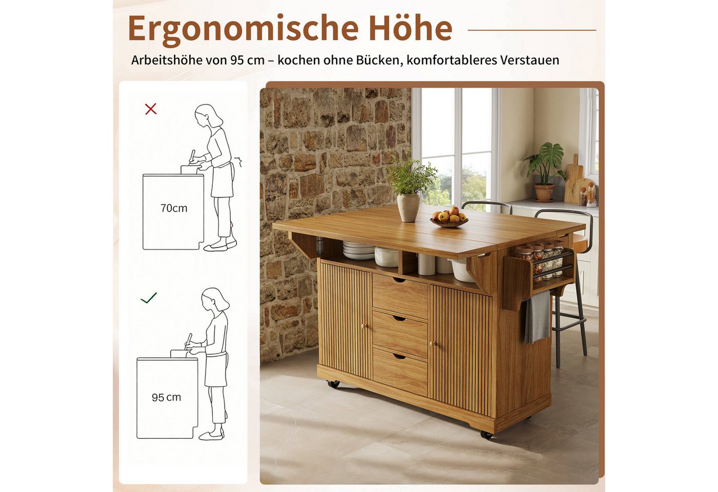 i@home Kücheninsel Küchenwagen freistehend mit Rollen und Arbeitsplatte, ausklappbarer, (mit Handtuchstange, feststellbaren Rollen und verstellbaren Böden), Servierwagen mit 3 Schubladen für Küche, 142,5 cm Bild 5