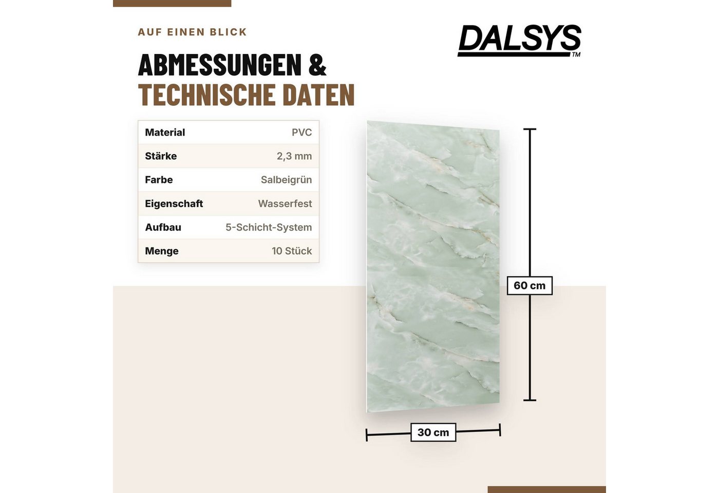 Dalsys Wandpaneel Wandverkleidung selbstklebend aus PVC, BxL: 30x60 cm, (60x30cm Marmoroptik Salbeigrün, 10-tlg., flexible Wandverkleidung Badezimmer wasserfest) 2,3mm Materialstärke, Spritzschutz Küchenrückwand Bild 5