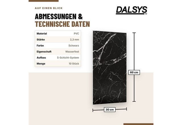 Dalsys Wandpaneel Wandverkleidung selbstklebend aus PVC, BxL: 30x60 cm, (60x30cm Marmoroptik Schwarz, 10-tlg., flexible Wandverkleidung Badezimmer wasserfest) 2,3mm Materialstärke, Spritzschutz Küchenrückwand